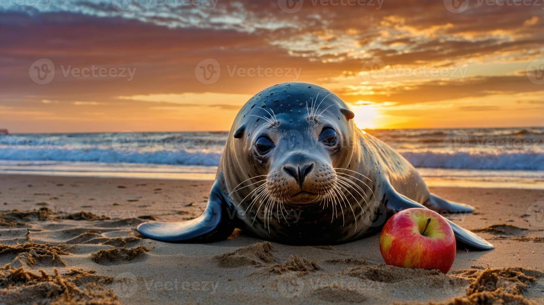 A seal resting on the beach with an apple at sunset, showcasing nature's beauty. photo