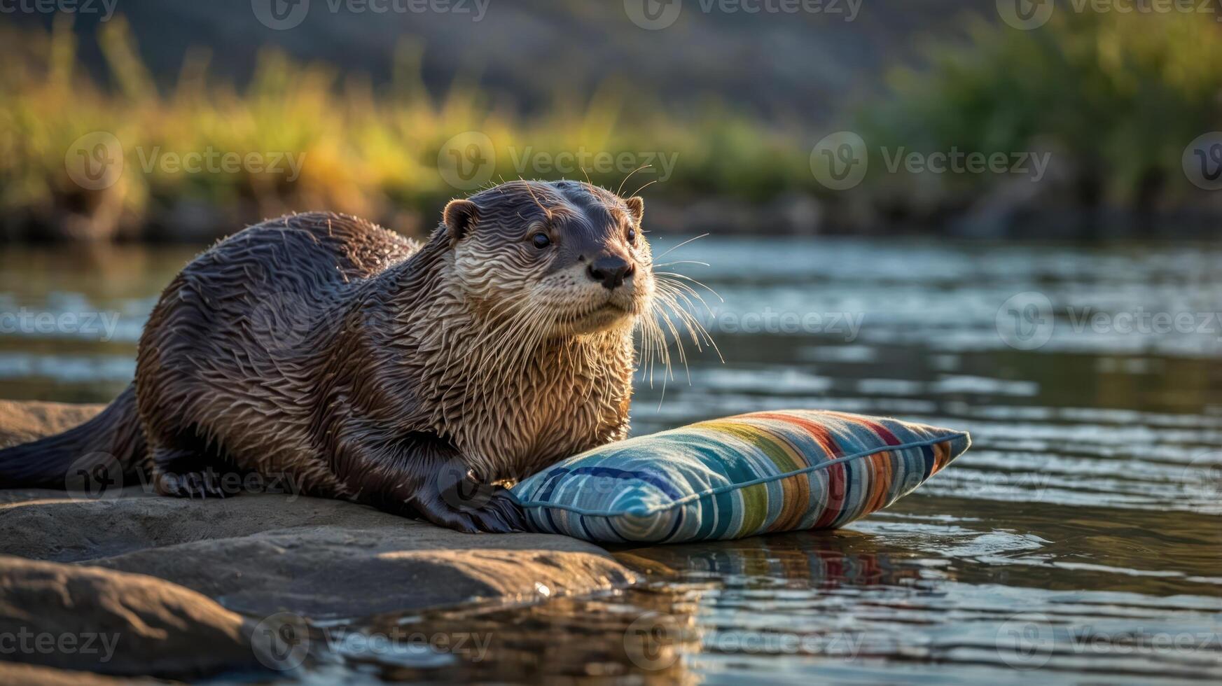 An otter resting on a colorful pillow by a serene water body. photo