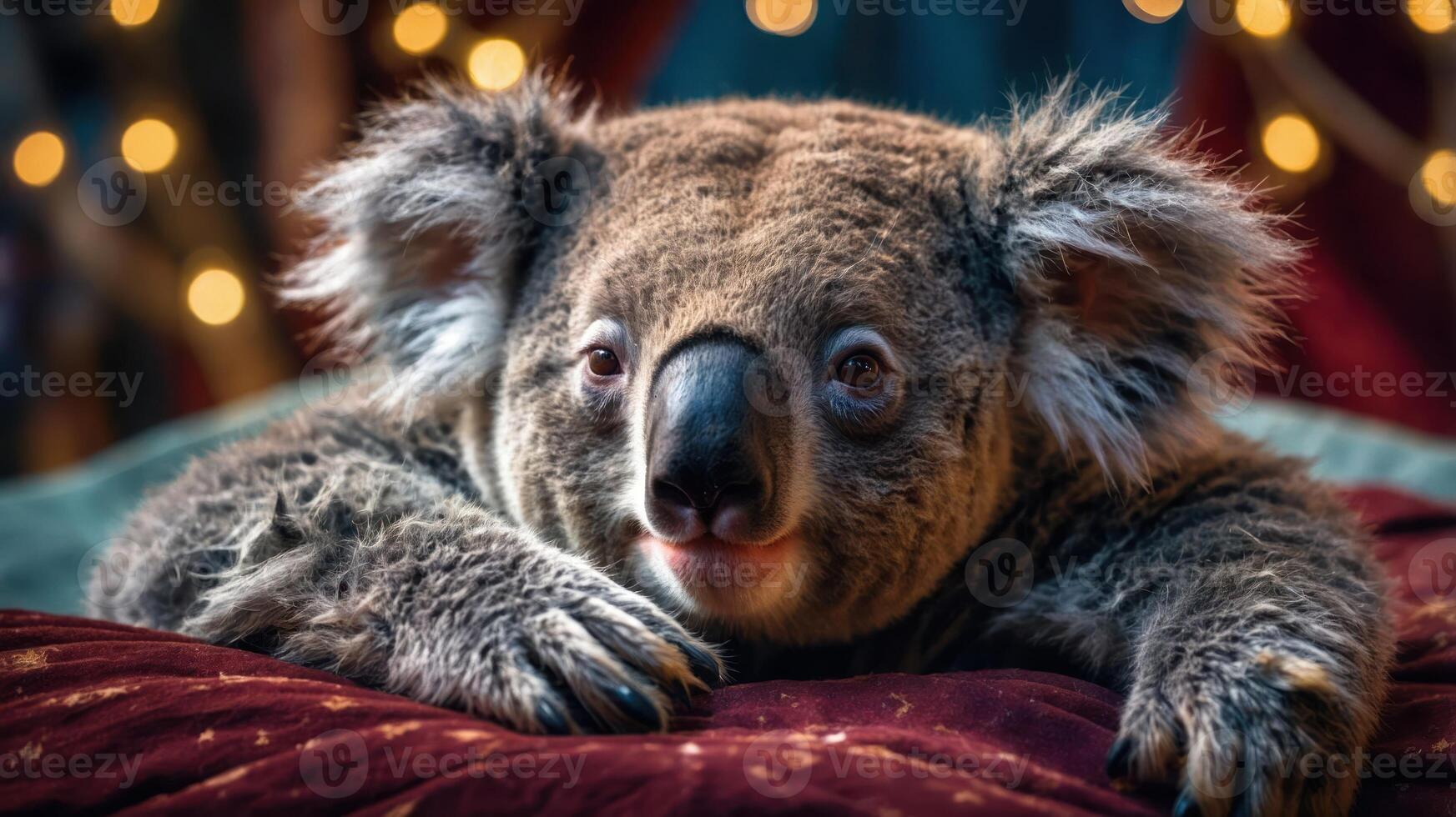 A close-up of a koala resting on a plush surface with soft lighting in the background. photo