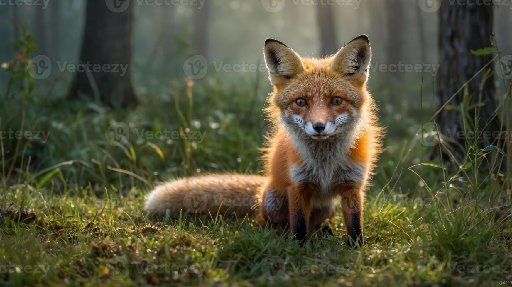 A fox stands in a misty forest, showcasing its vibrant fur and alert expression. photo