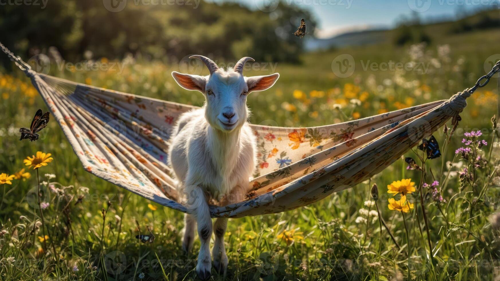 A goat relaxing in a floral hammock amidst a vibrant meadow filled with flowers and butterflies. photo
