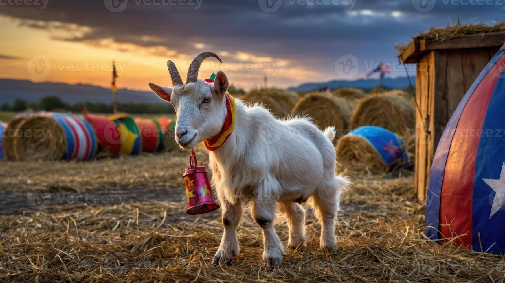 A goat stands in a field at sunset, adorned with a bell and surrounded by hay bales. photo