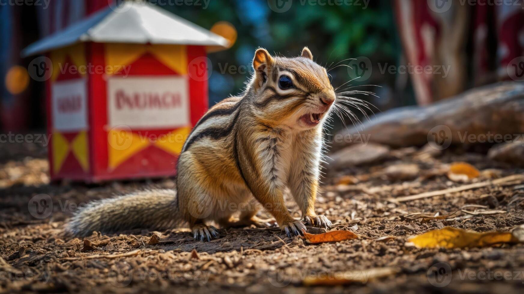 A chipmunk stands on the ground, seemingly vocalizing, with a colorful booth in the background. photo
