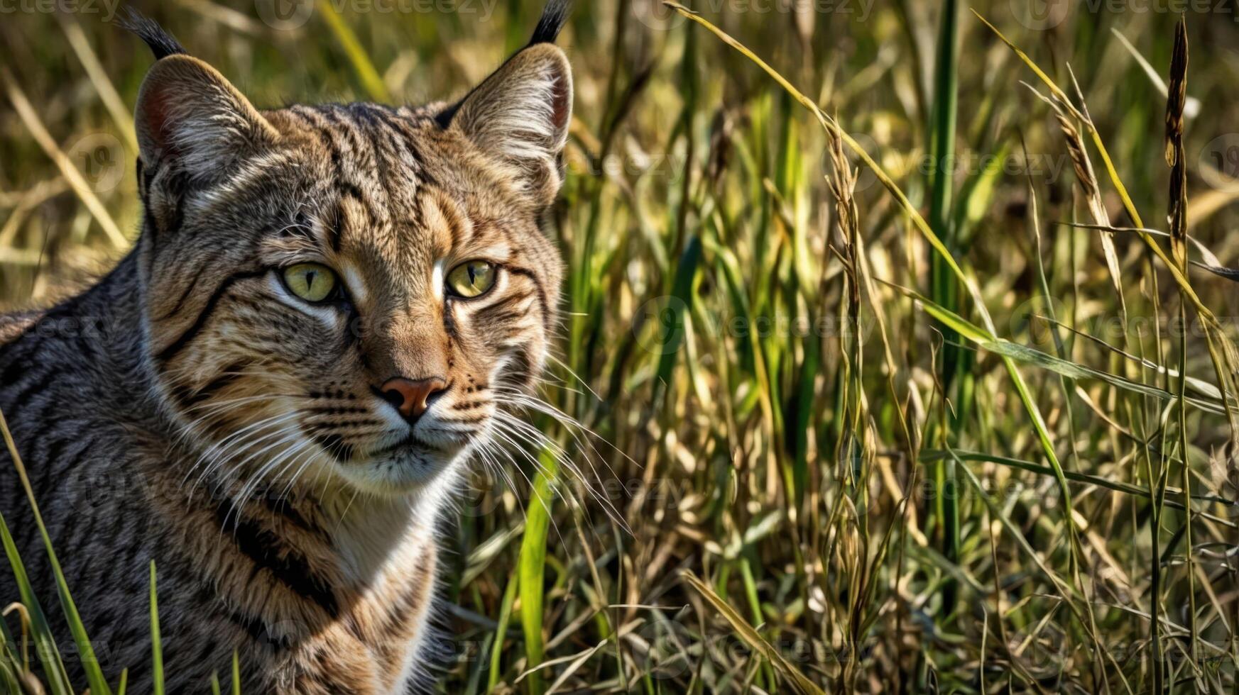 A close-up of a bobcat resting in tall grass, showcasing its striking features and alert expression. photo