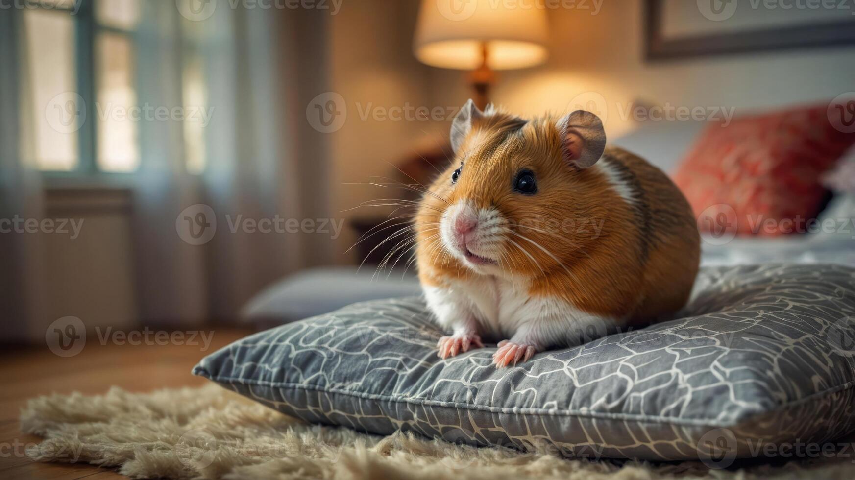 A cute hamster resting on a decorative pillow in a cozy room. photo