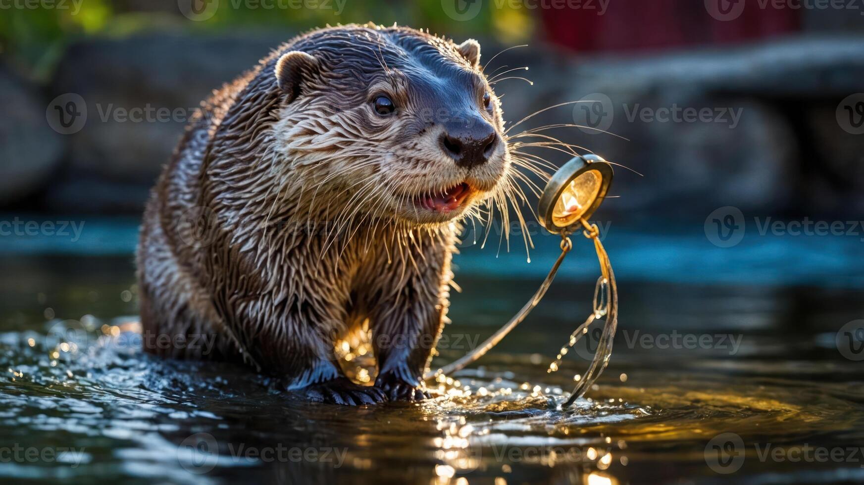 A playful otter holds a pocket watch while wading in water, showcasing its curious nature. photo