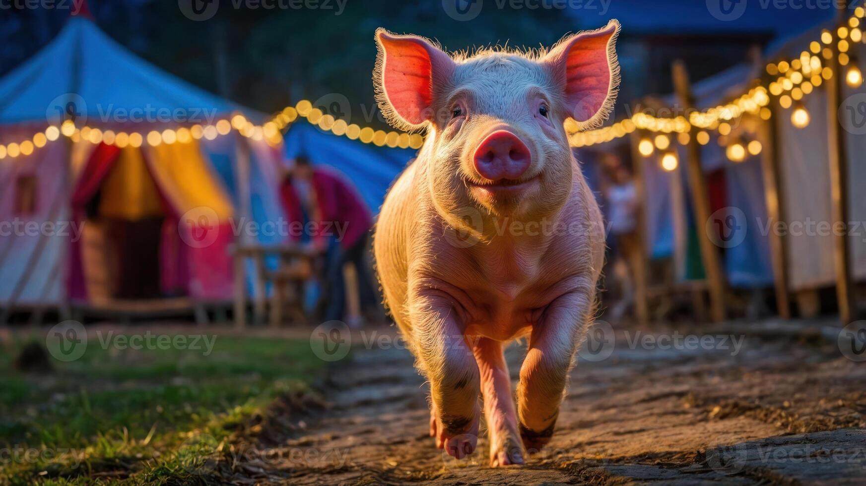 A cheerful pig running along a path near colorful tents adorned with lights. photo