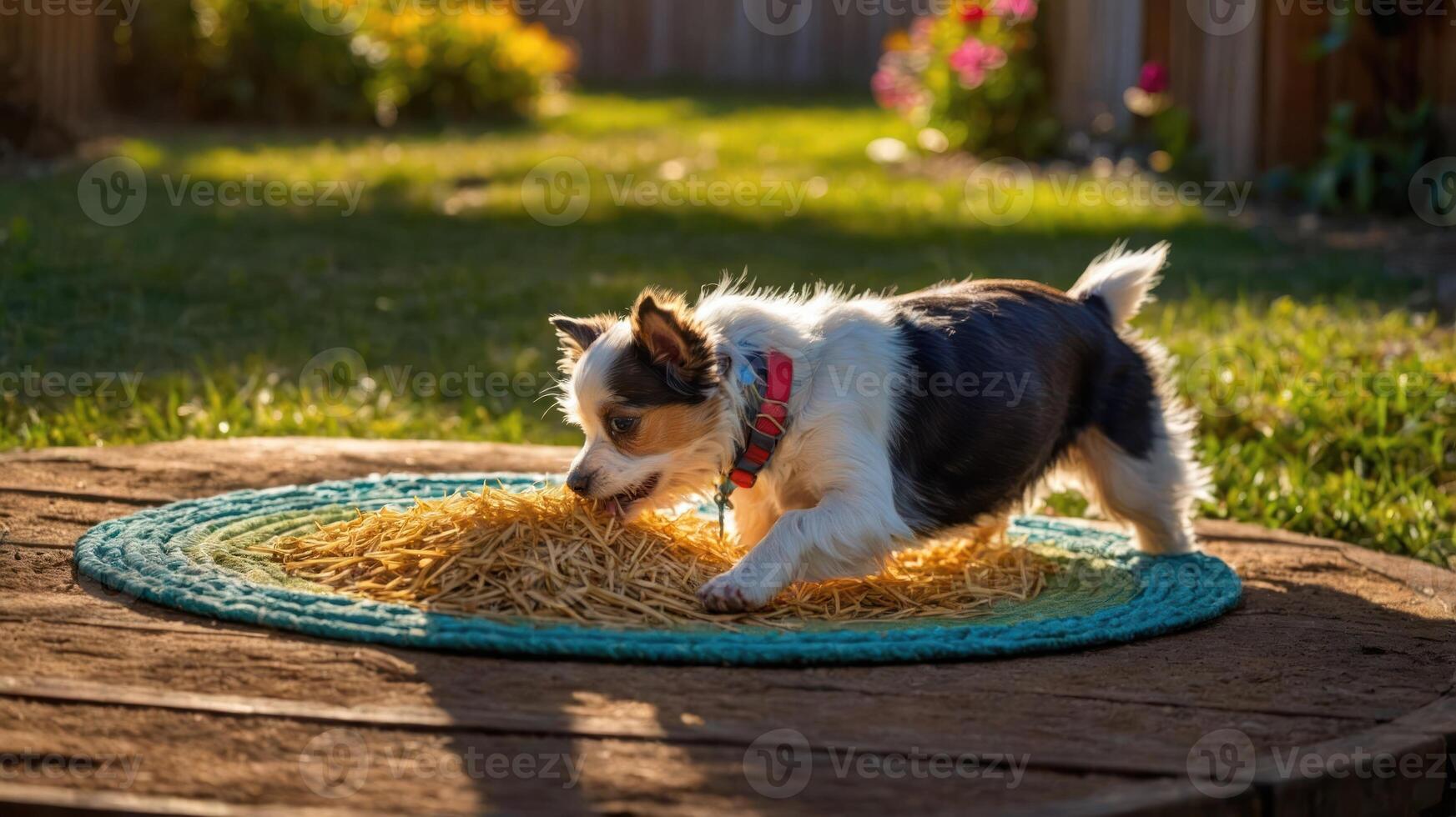A small dog plays with noodles on a colorful mat in a sunny backyard. photo
