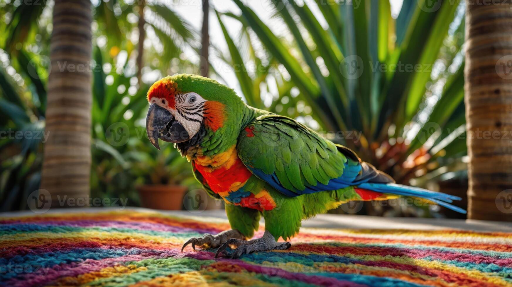 A vibrant parrot stands on a colorful rug surrounded by lush greenery. photo