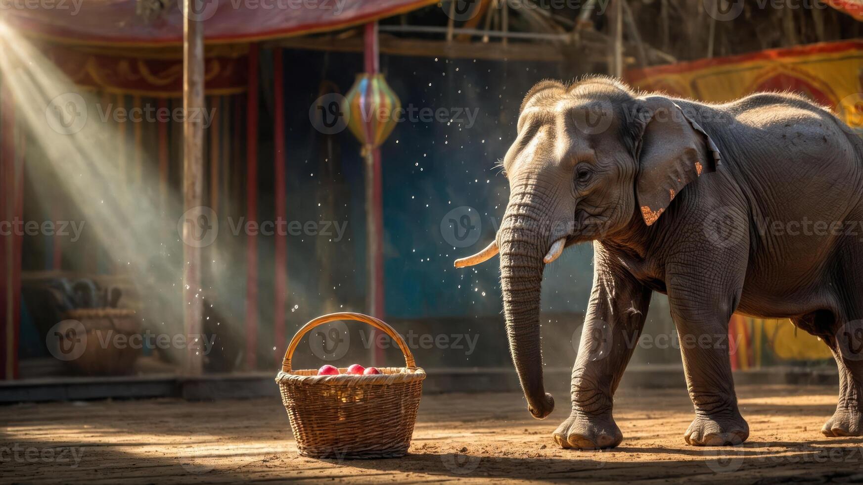 An elephant in a circus setting approaches a basket of apples, illuminated by soft light. photo