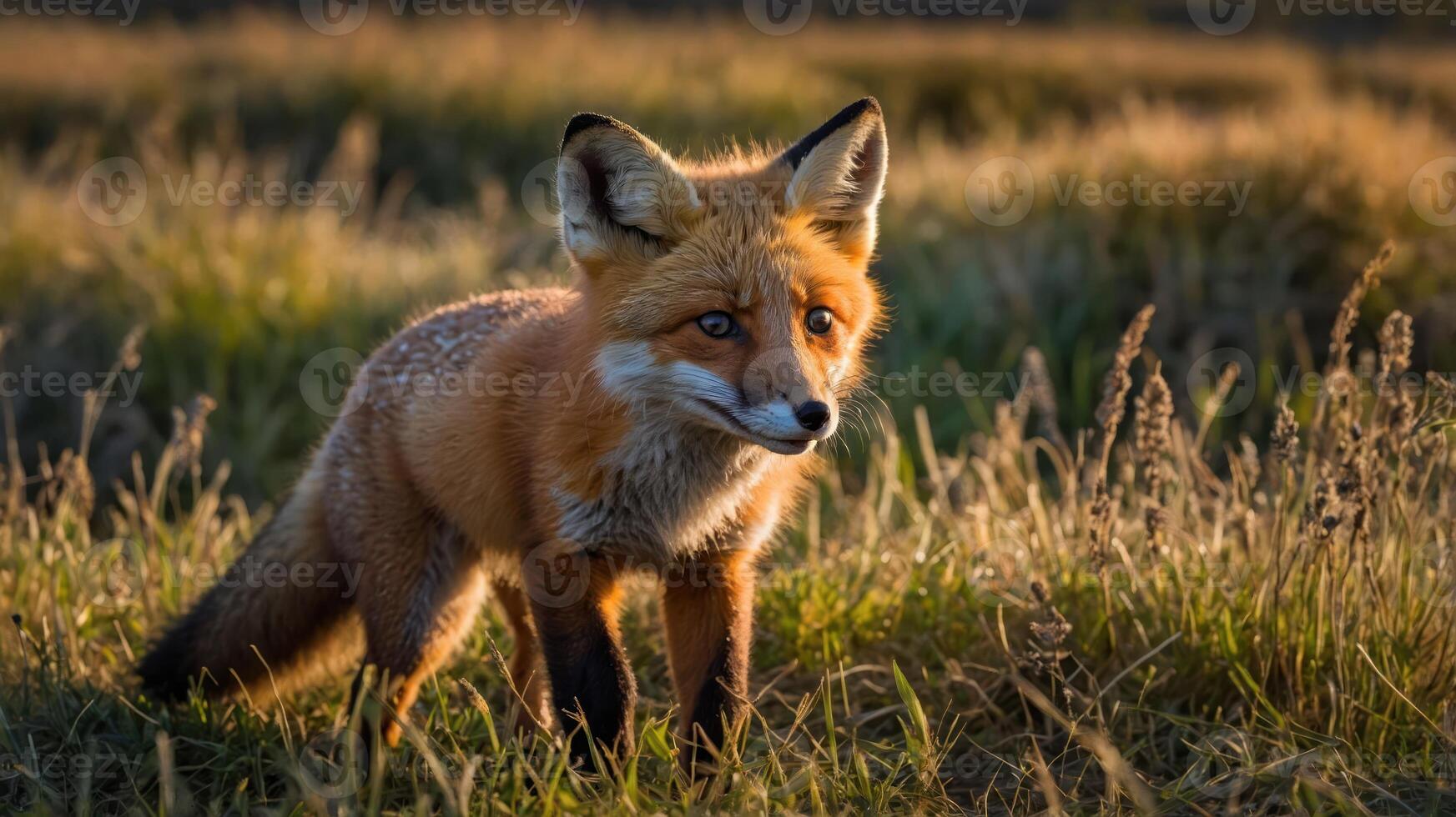 A close-up of a red fox in a grassy field during golden hour light. photo