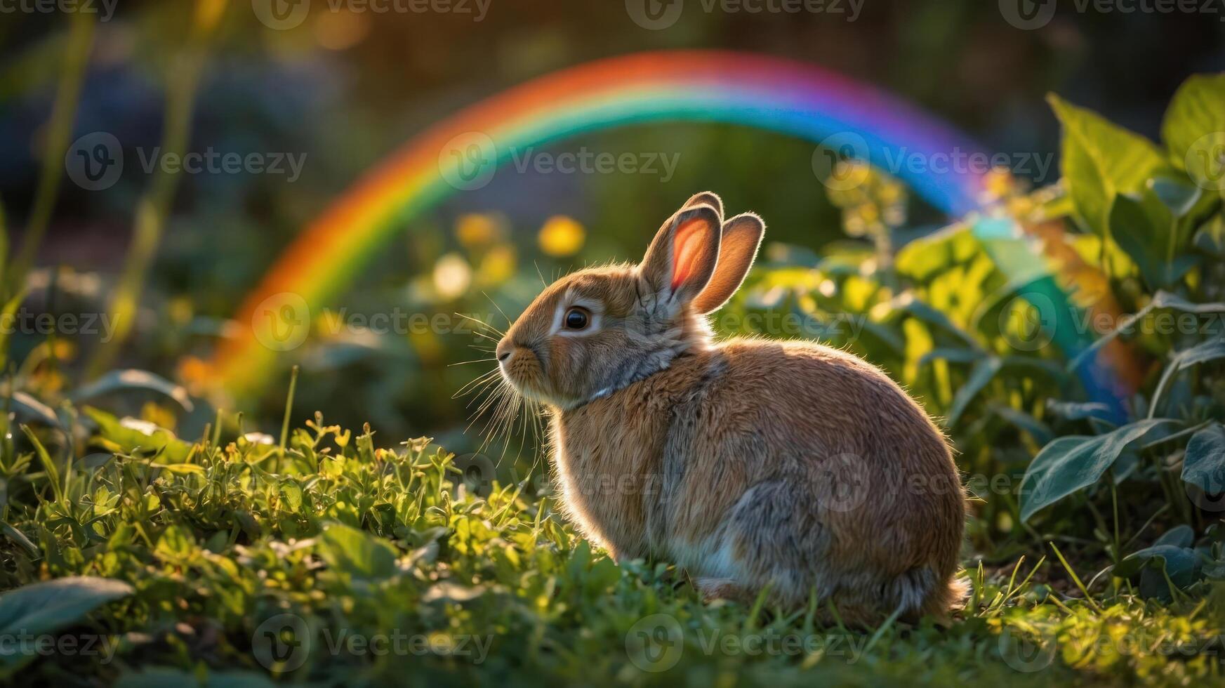 A serene rabbit sits in a grassy field with a rainbow in the background. photo