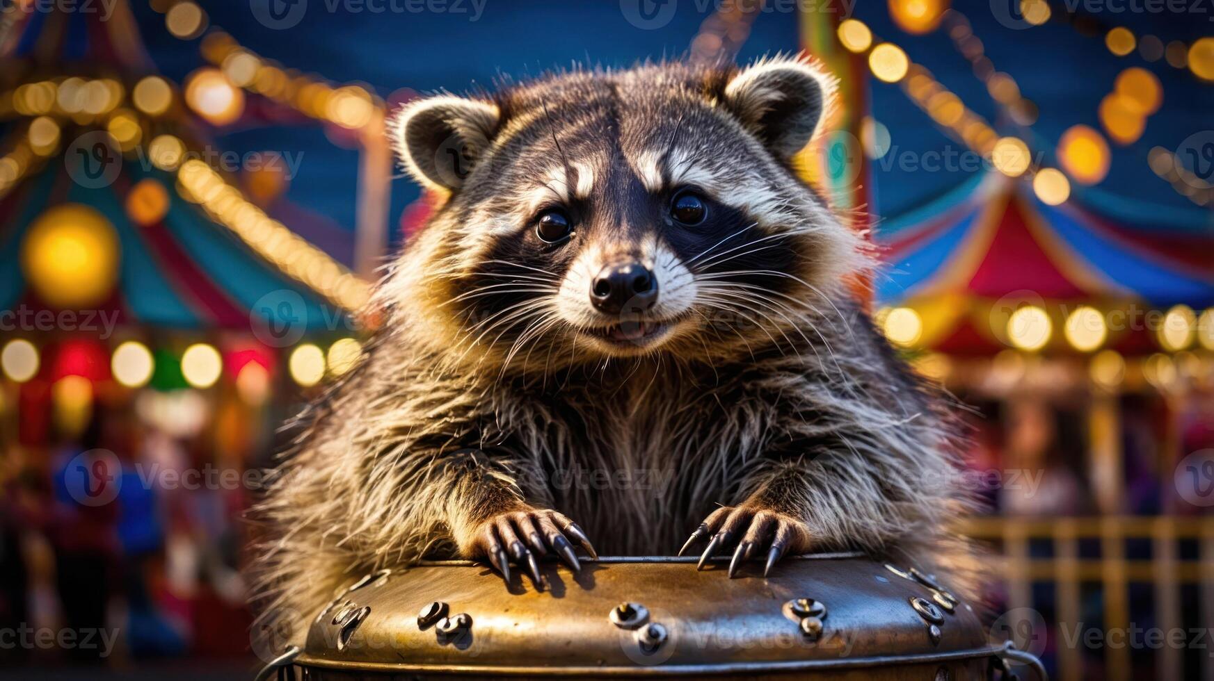 A raccoon perched on a barrel at a lively carnival, surrounded by colorful tents and lights. photo