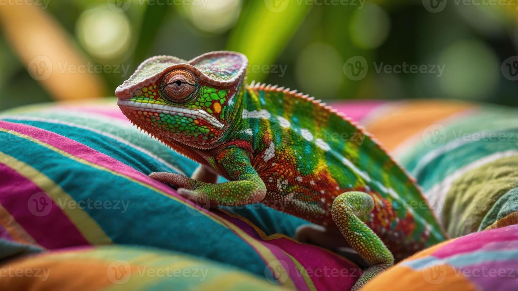 A vibrant chameleon resting on colorful pillows in a lush environment. photo