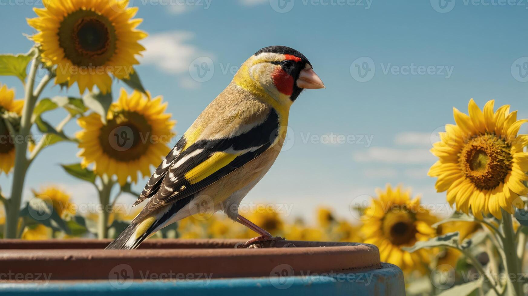 A goldfinch perched near sunflowers under a blue sky. photo
