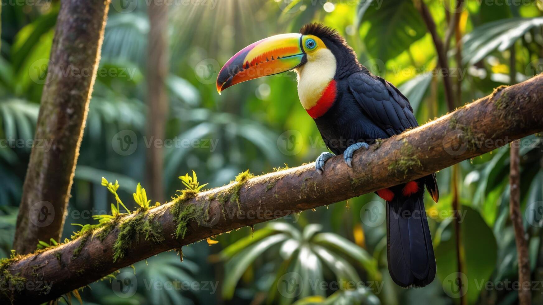 A vibrant toucan perched on a mossy branch in a lush tropical forest. photo