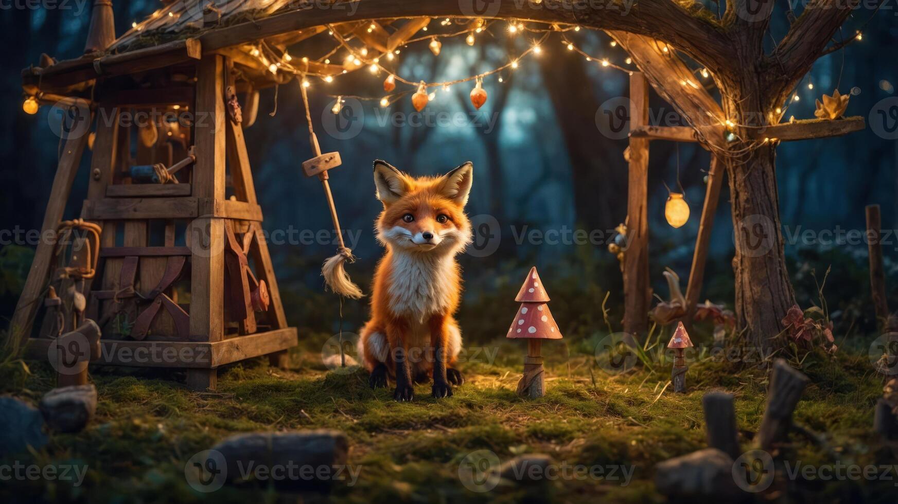 A whimsical fox sits in a magical forest setting adorned with lights and decorations. photo