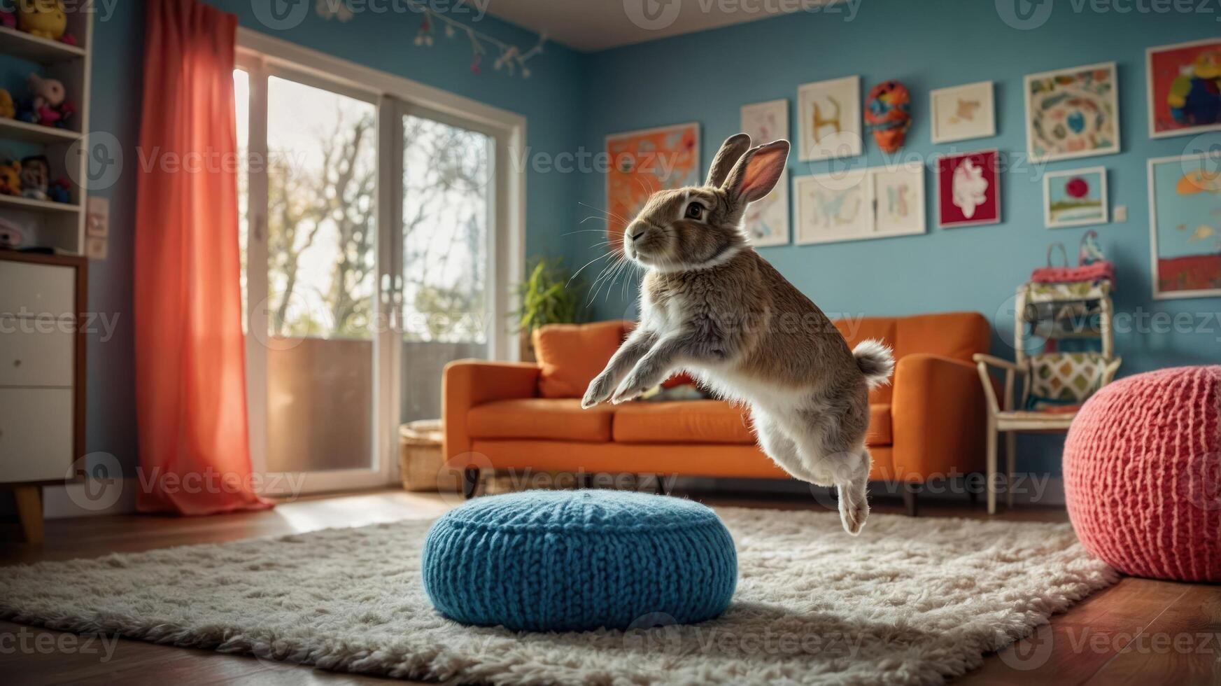 A rabbit leaps joyfully in a cozy living room filled with colorful decor. photo