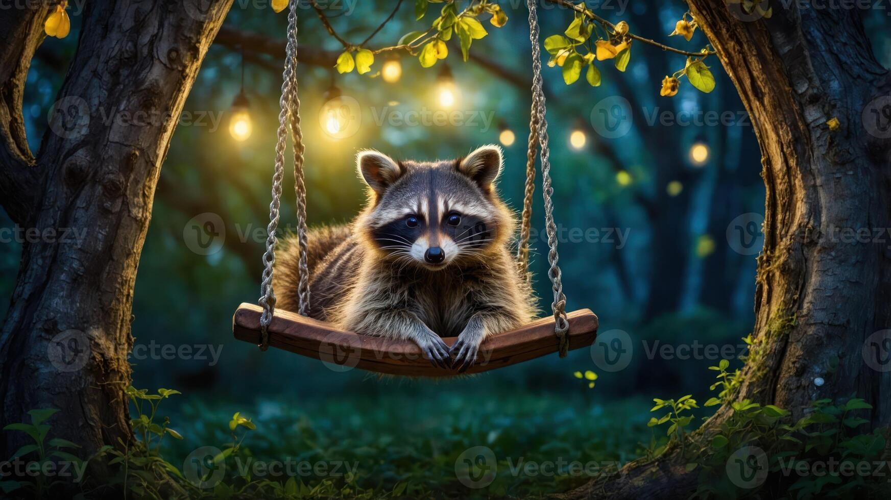 A raccoon relaxes on a swing under string lights in a serene, wooded setting. photo