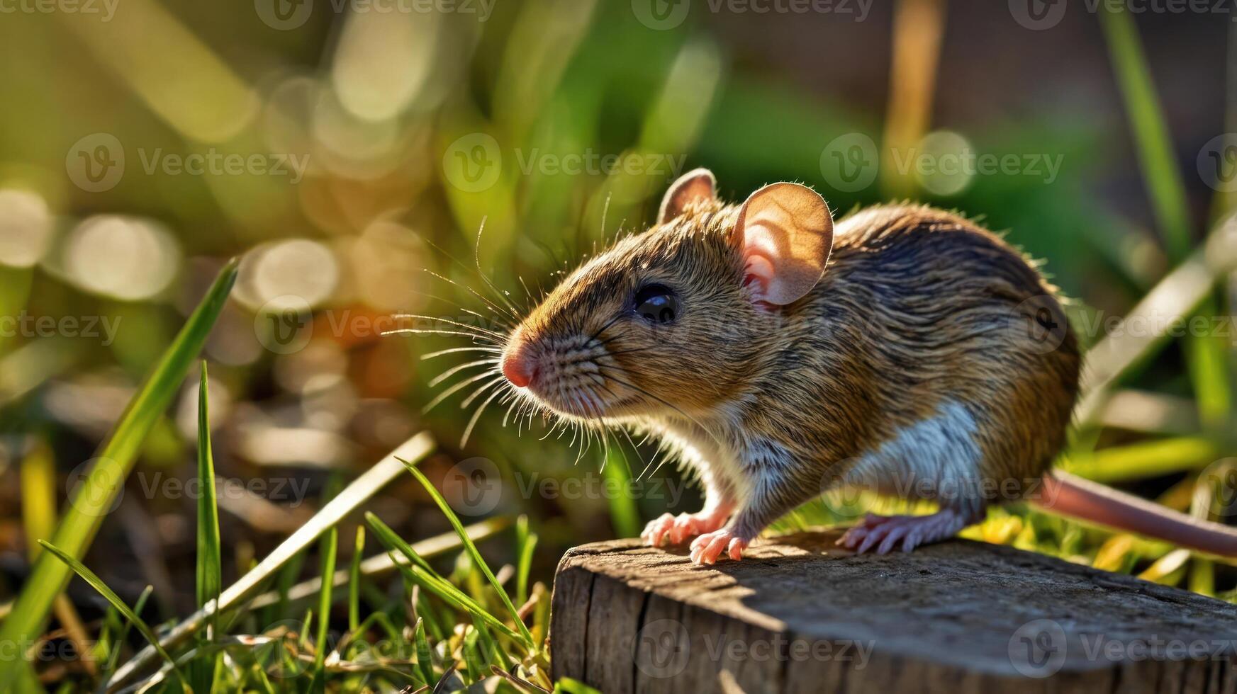 A close-up of a mouse on a log with grass and sunlight in the background. photo