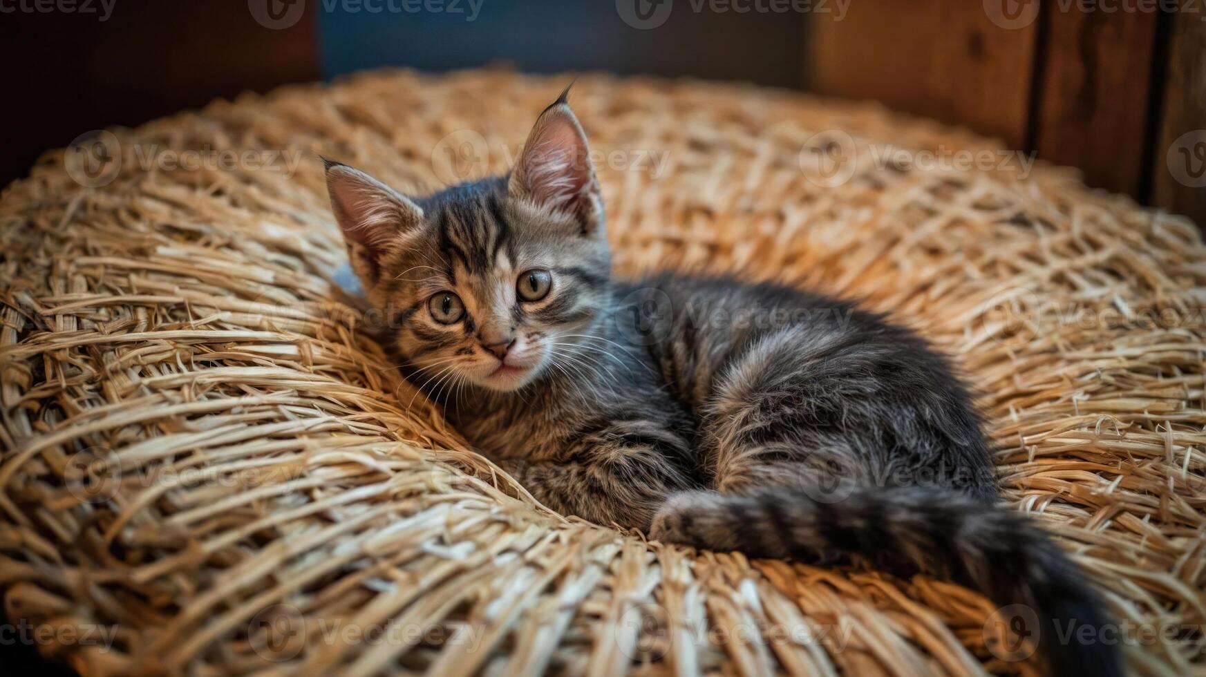 A playful kitten resting on a woven basket, showcasing its curious expression. photo