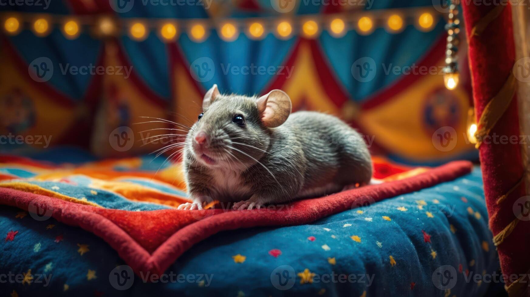 A cute gray mouse resting on a colorful, patterned surface with decorative lights in the background. photo