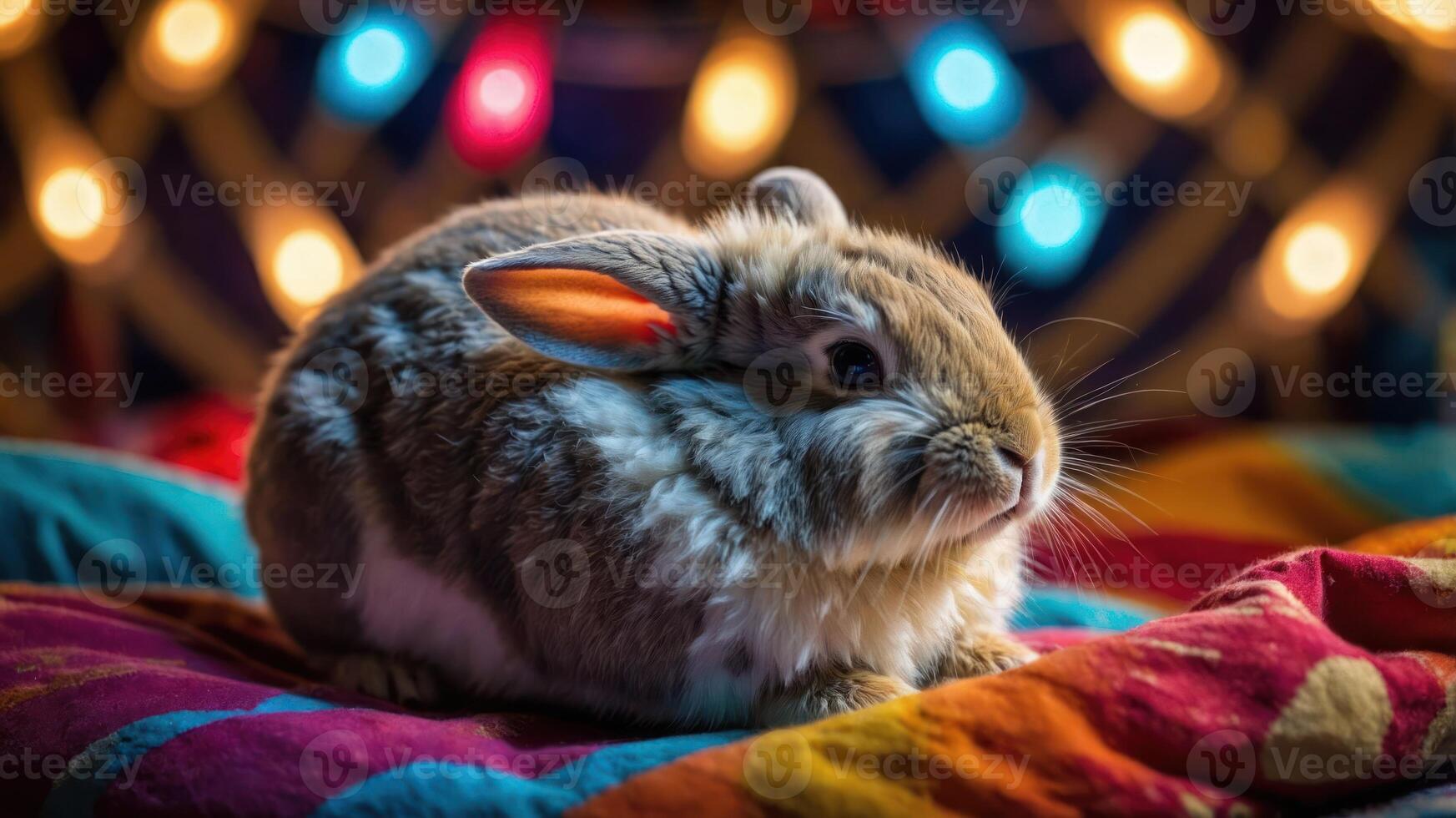 A cute rabbit resting on a colorful blanket with festive lights in the background. photo