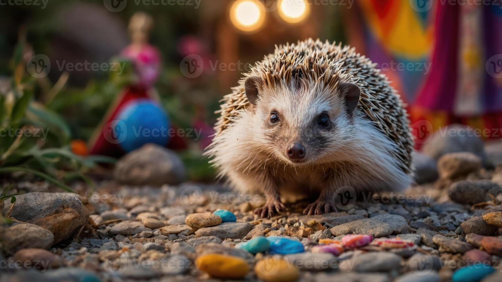 A hedgehog exploring a colorful, outdoor setting with pebbles and vibrant decorations. photo