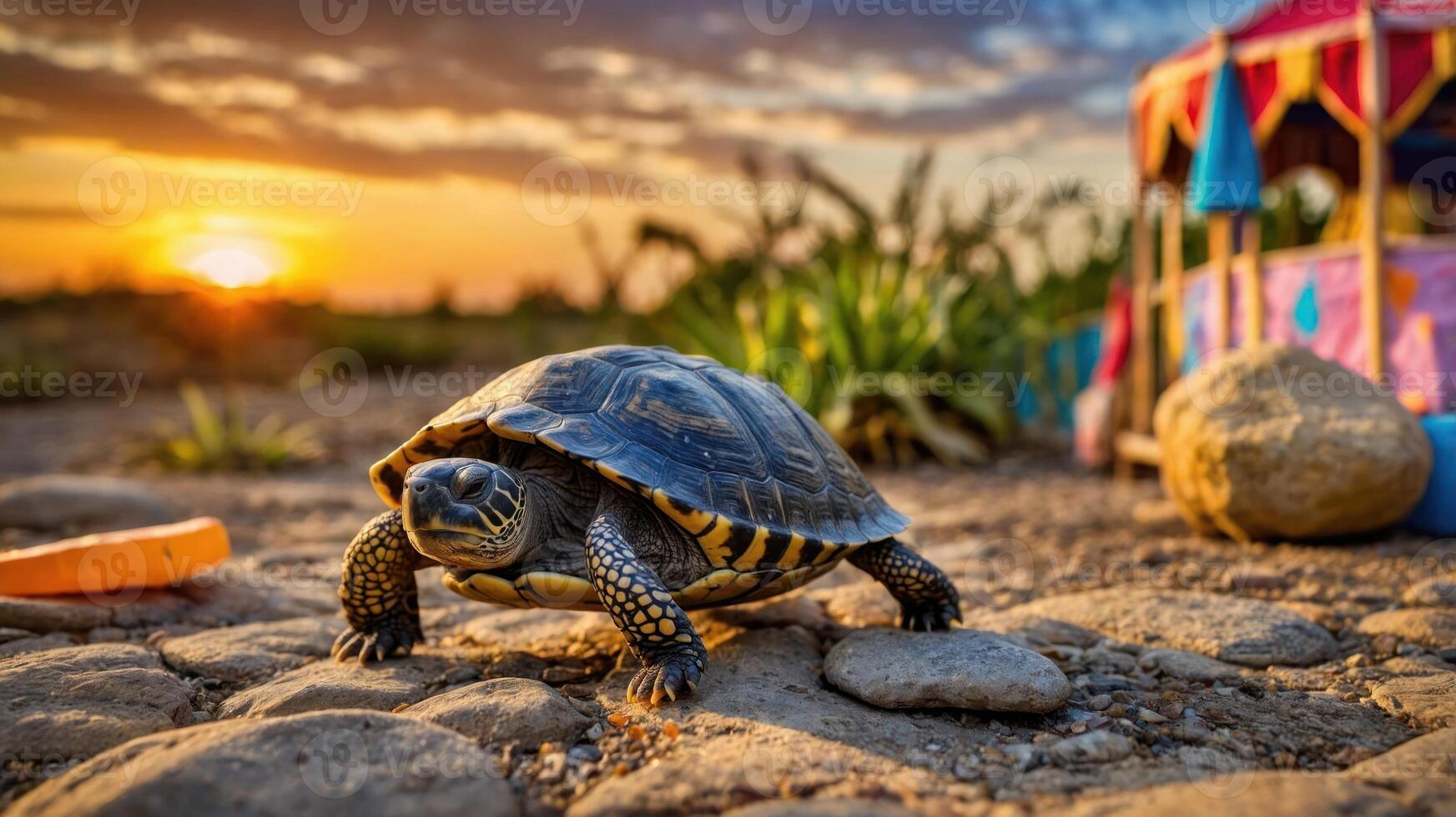 A turtle on a rocky path during sunset, with a colorful play area in the background. photo