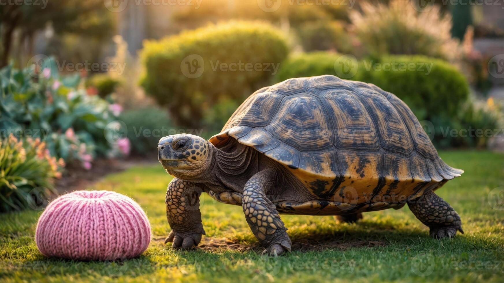 A tortoise exploring a garden near a pink yarn ball in a serene outdoor setting. photo