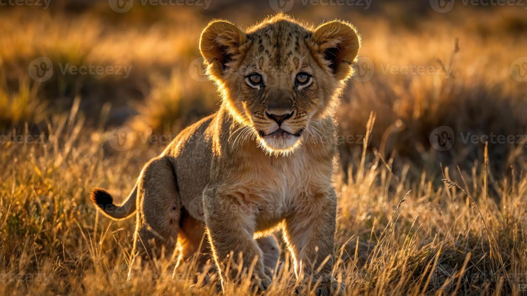A young lion cub stands in golden grass during sunset, showcasing its playful demeanor. photo