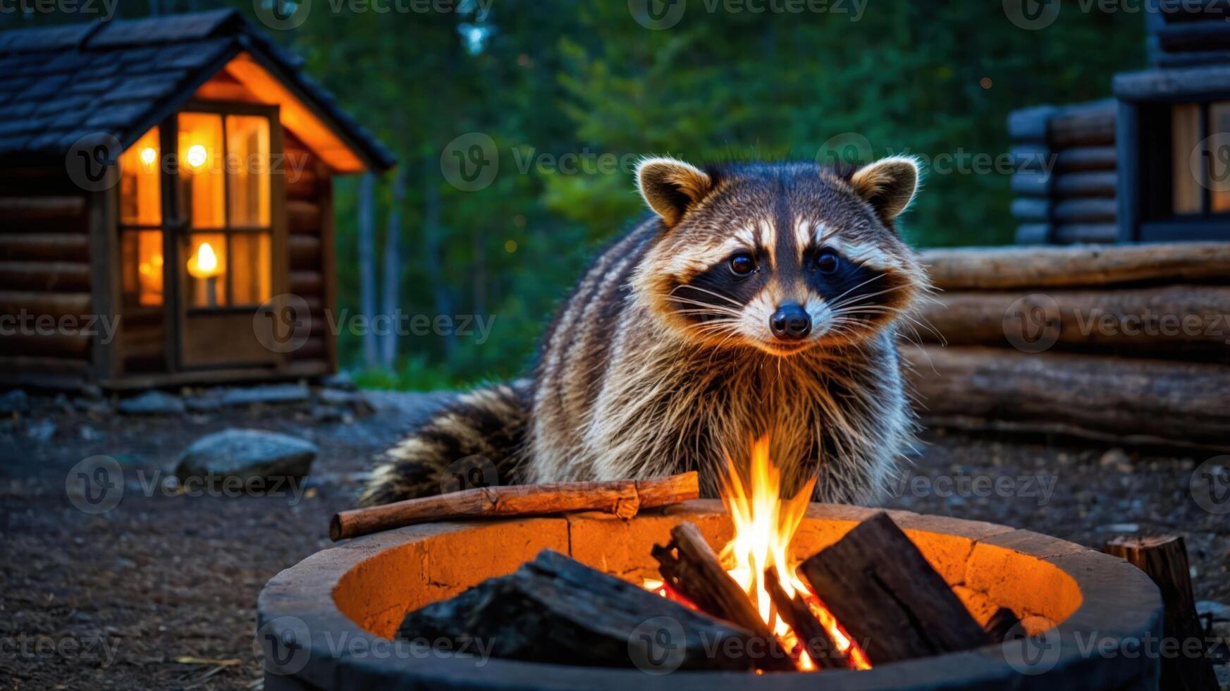 A raccoon near a campfire in a forest setting with a cabin in the background. photo