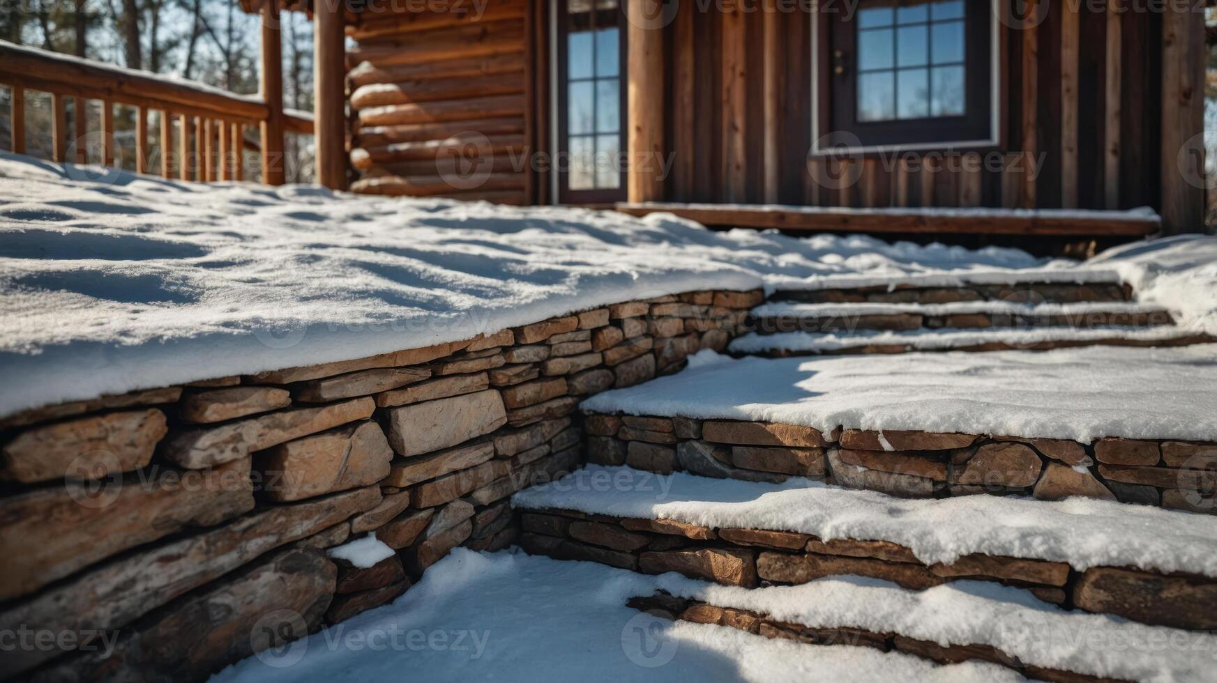 Snow-covered stone steps leading to a wooden cabin in a serene winter setting. photo