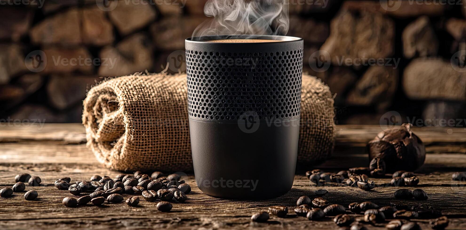 Coffee cup with steam and coffee beans on a wooden background. A cup of hot espresso or black latte, with a burlap sack on an old, rustic table photo