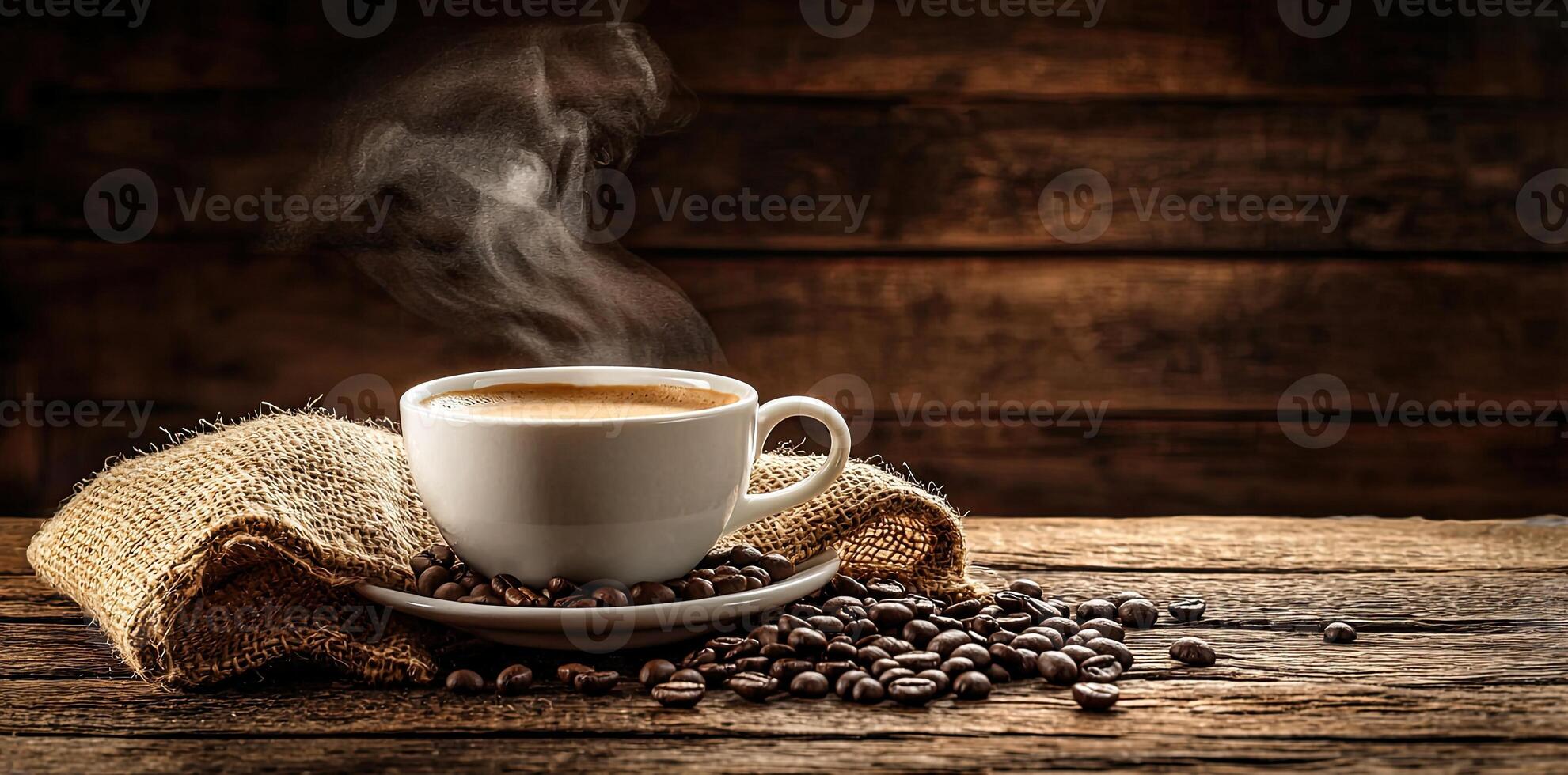 Coffee cup with steam and coffee beans on a wooden background. A cup of hot espresso or black latte, with a burlap sack on an old, rustic table photo