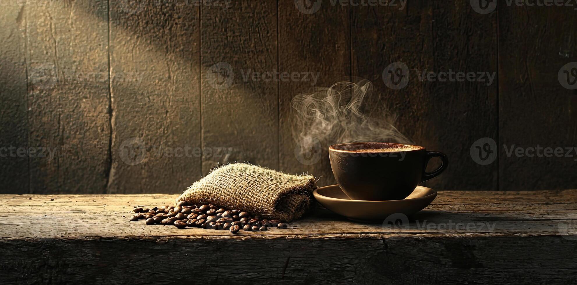 Coffee cup with steam and coffee beans on a wooden background. A cup of hot espresso or black latte, with a burlap sack on an old, rustic table photo