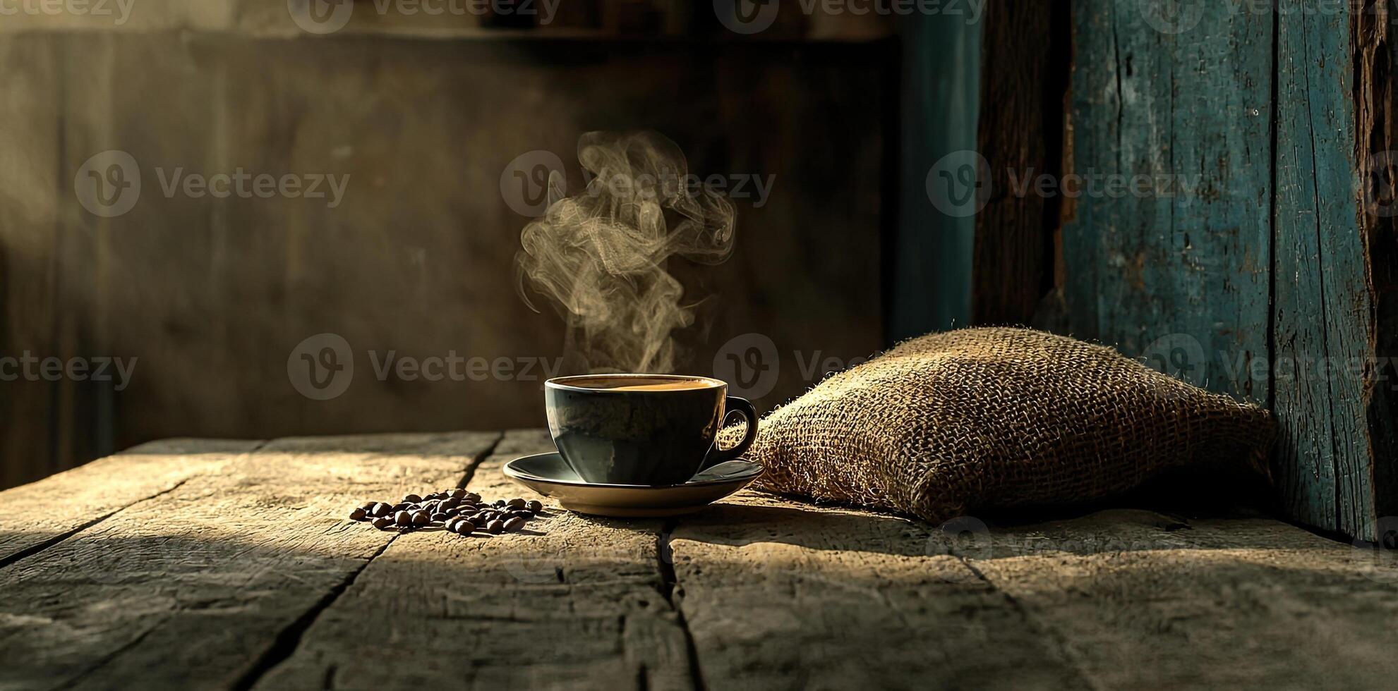Coffee cup with steam and coffee beans on a wooden background. A cup of hot espresso or black latte, with a burlap sack on an old, rustic table photo