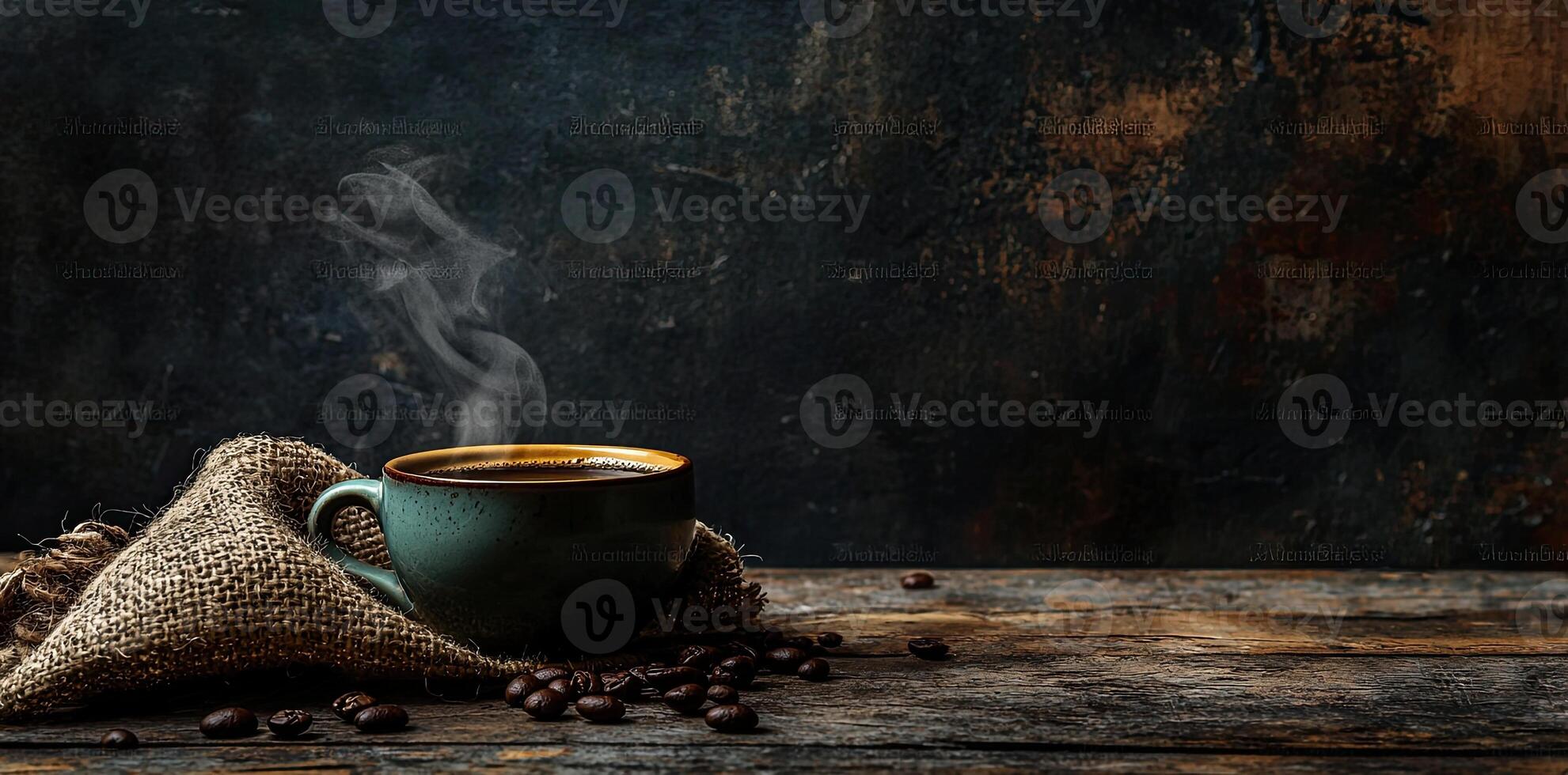 Coffee cup with steam and coffee beans on a wooden background. A cup of hot espresso or black latte, with a burlap sack on an old, rustic table photo