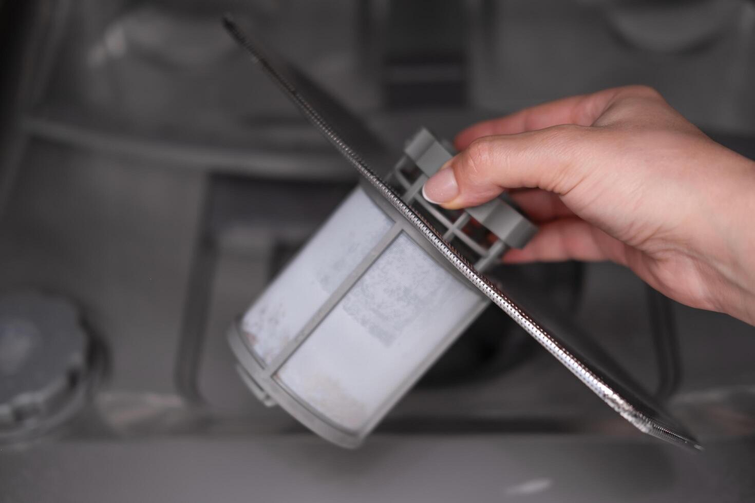 woman's hand checking the filter in the dishwasher photo