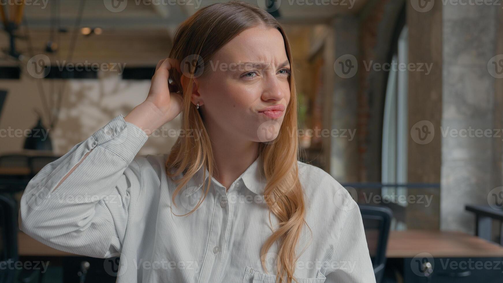 Business financial data work in office confused Caucasian girl analyze diagrams documents businesswoman female business woman scratching head thoughtful solving question problem uncertain hesitation photo