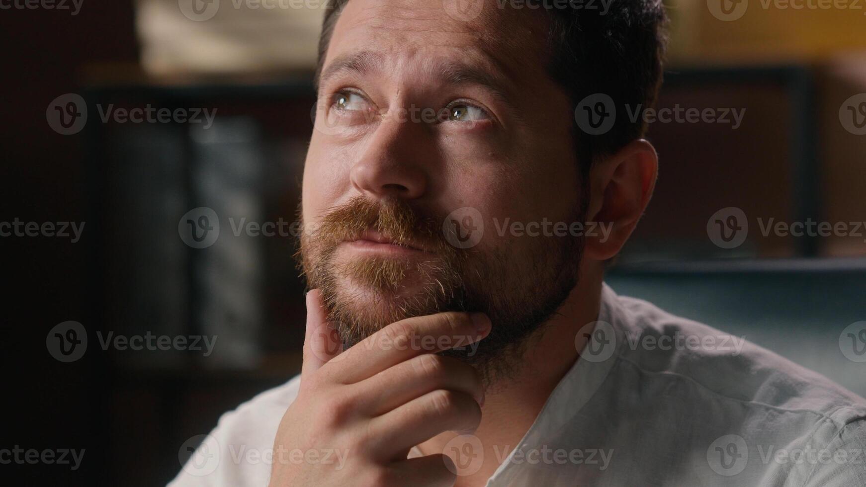 Puzzled thoughtful Caucasian guy man leader manager thinking employer male dreaming in office business trouble finance difficulty. Pensive middle-aged entrepreneur wondering businessman contemplating photo