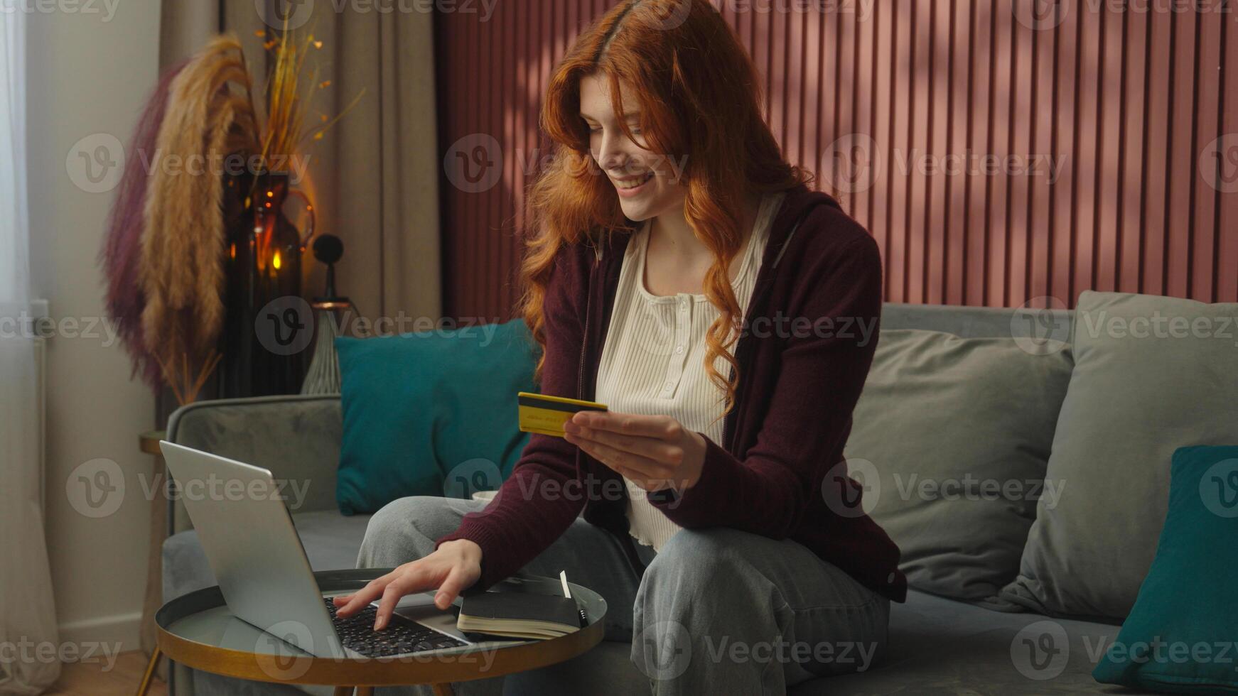 Female buyer woman Caucasian girl 20s lady homeowner paying online shopping using laptop computer on home couch satisfied happy bank client buying internet purchase successful payment kiss credit card photo