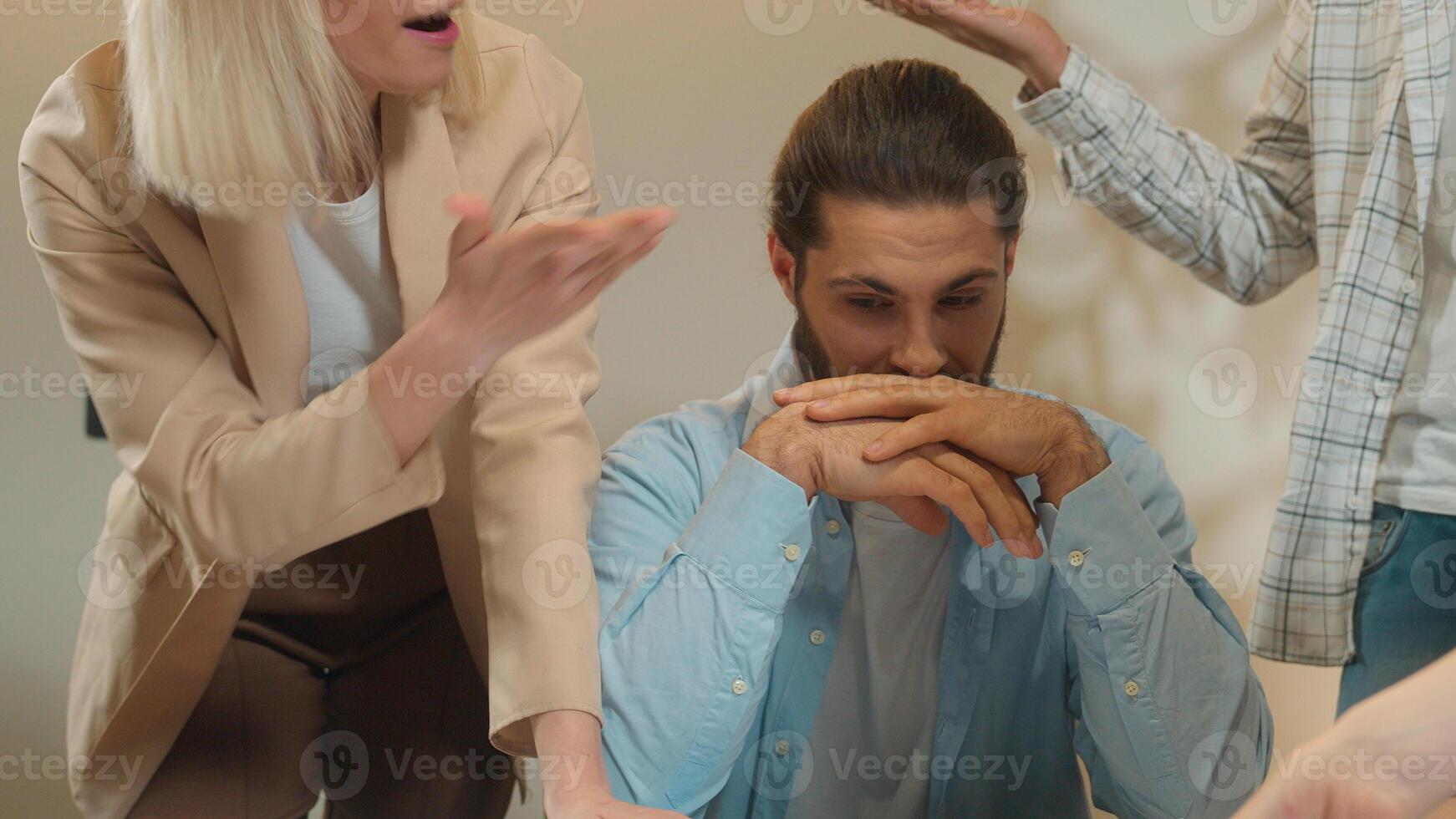 Coworking group multiracial office team men women girls guys arguing business discussion documents problem male female architects designers conflict quarrel misunderstanding shout scream fight stress photo