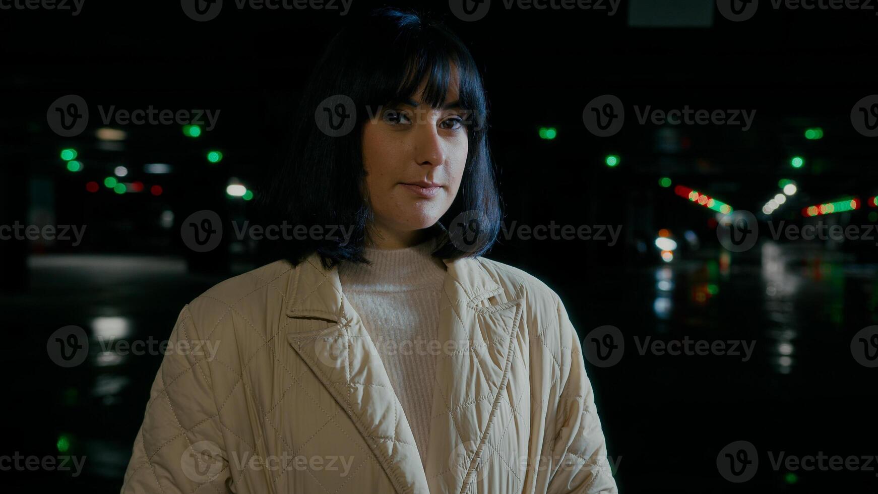 Close up headshot calm portrait Caucasian woman looking away thinking dreaming turn head look at camera female buyer businesswoman girl lady saleswoman automobile car trader driver at parking lot photo