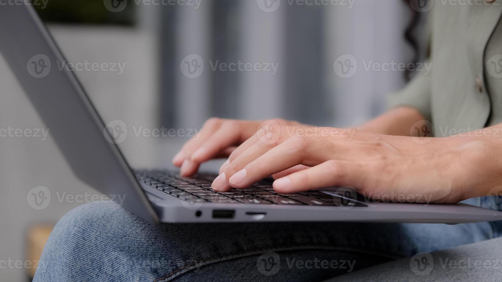 Closeup female hands unrecognizable businesswoman professional user worker writer freelancer using computer app typing laptop notebook keyboard outdoors in city outside working online with pc software photo