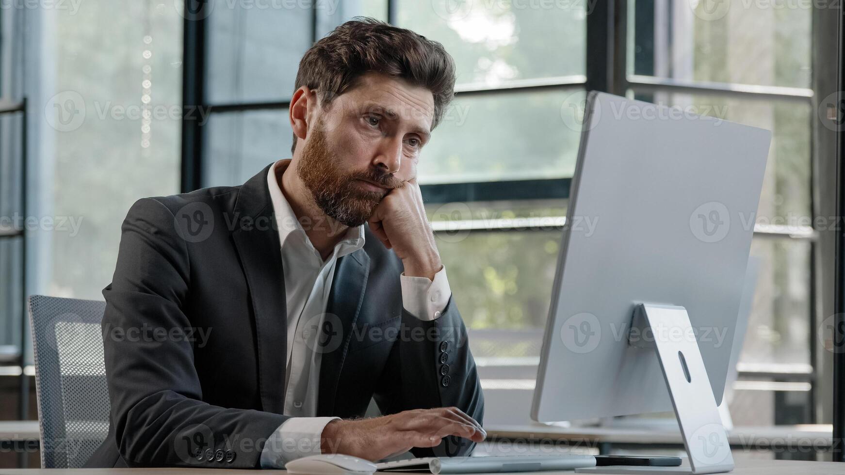 Tired lazy napping yawn adult bearded man male manager worker bored at work project online in computer in office Caucasian mature ill businessman need energy asleep feel overworked exhaustion syndrome photo