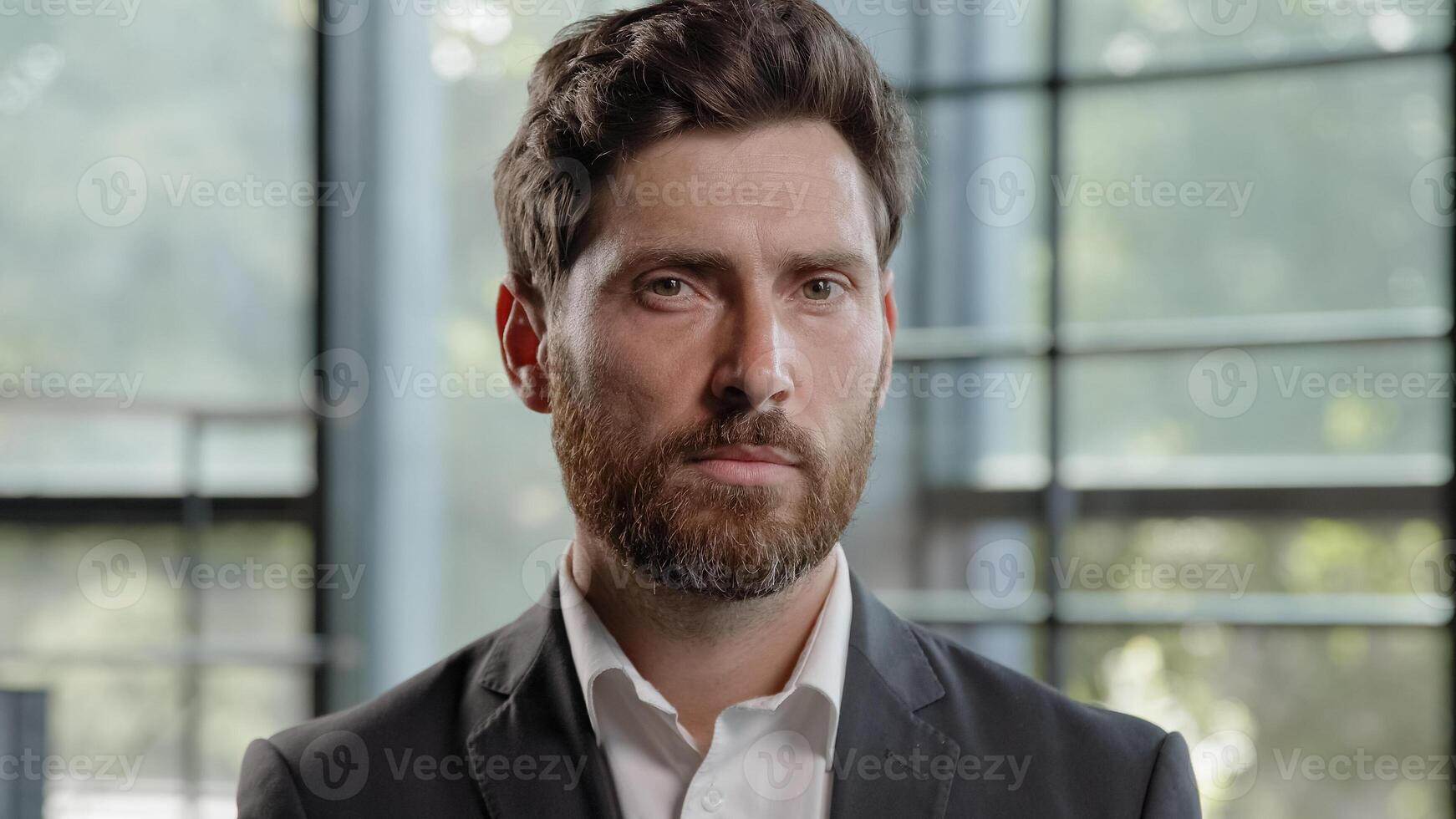 Business portrait in office serious calm middle-aged male boss employer adult Caucasian 40s bearded man looking at camera CEO leader trader male salesman manager worker businessman posing indoors photo