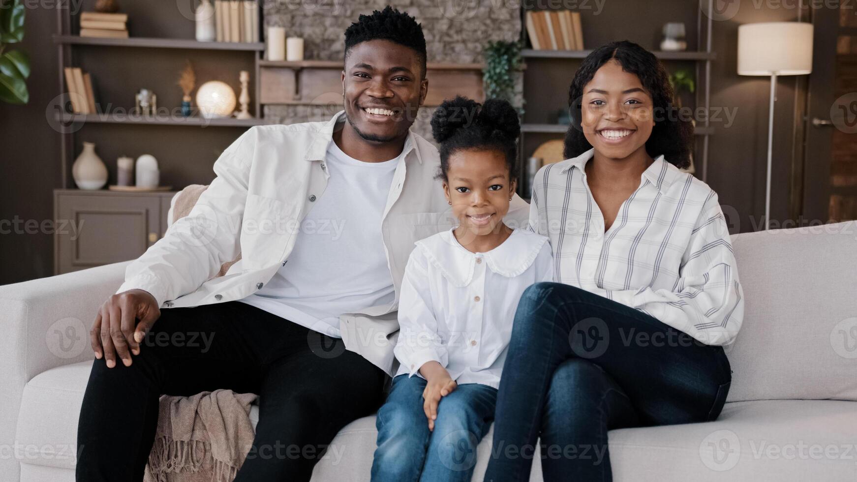 African family sit down on comfortable couch in living room. Biracial parents and child smiling looking at camera. Cheerful daughter with mum and dad at home sitting on sofa in new house, real estate photo