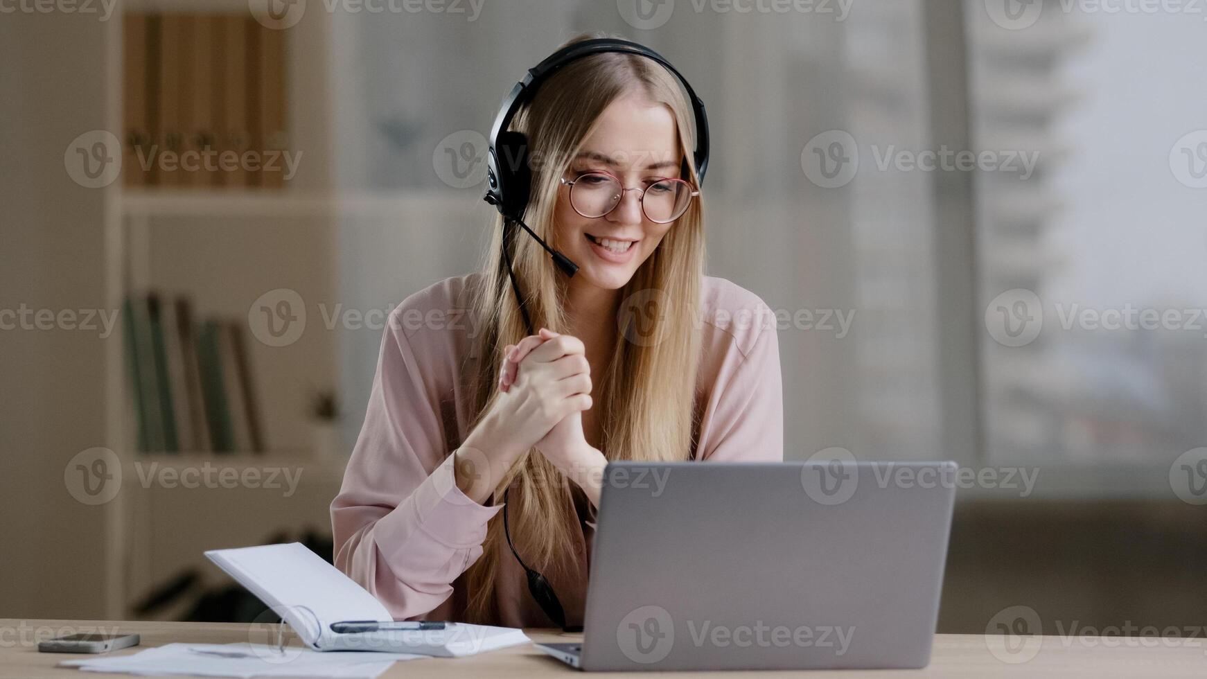 Caucasian girl business woman call center operator online support line remote teacher mentor psychologist coach distant conversation consultation female in head microphone online class lecture webinar photo