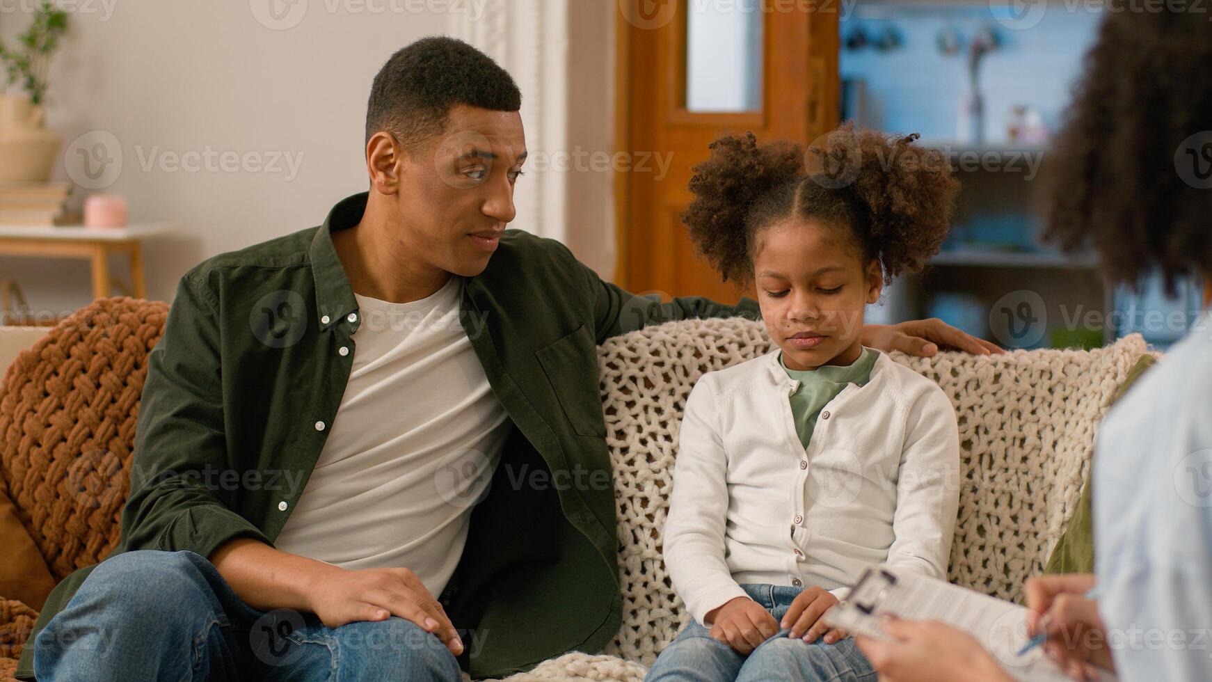 African American child father daughter little girl man psychologist relationships experiences emotions childhood trauma psychology together talk family healthcare specialist help kid parenthood trust photo